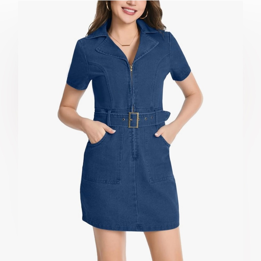 Womens Denim Dresses Cowgirl Zipper Front Belted Sexy Mini Casual Jean Dress